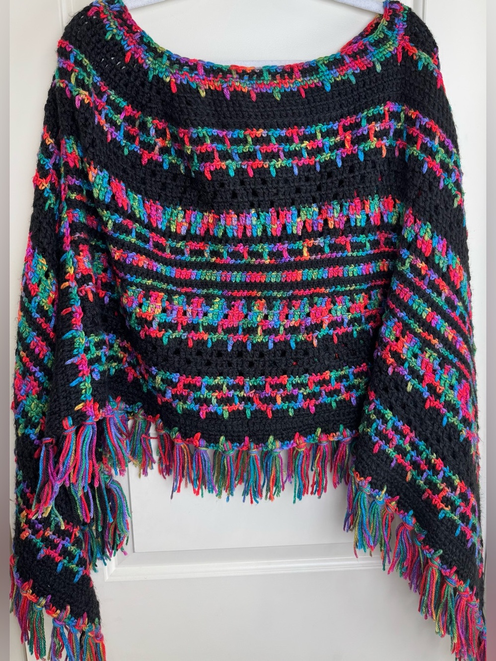Handmade Crochet Black Rainbow Fringe Poncho Boho One Size